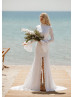 Long Bell Sleeves Ivory Lace Slit Stunning Wedding Dress